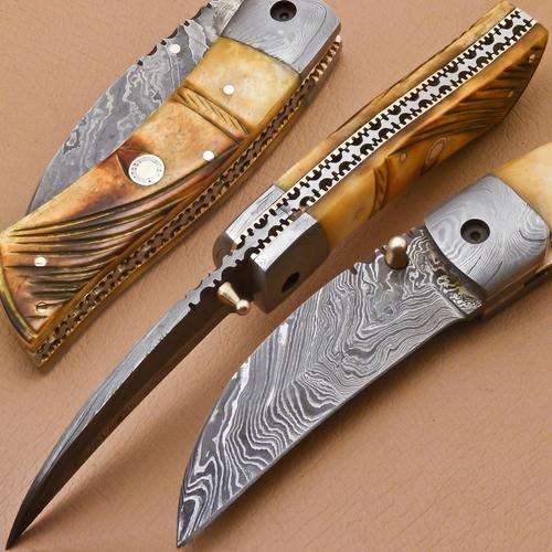 UNIQUE CUSTOM DAMASCUS POCKET KNIFE WITH HAND CARVED CAMEL BONE