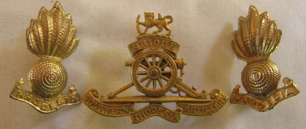 NO. 3980)  SOUTHERN RHODESIA ARTILLERY BRASS CAP & BERET BADGE + 2 BRASS COLLARS.