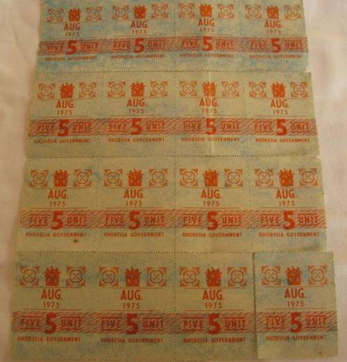 NO. 4668)  RHODESIA - PETROL COUPONS.  16X 5 UNIT DATED AUG. 1975.