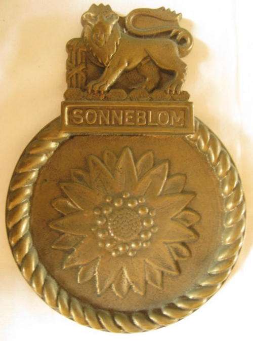 NO. 5087)  S.A. NAVY - SHIPS PLAQUE - SONNEBLOM HEAVY BRASS - WITHOUT WOODEN BACKING.