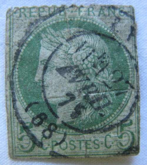 FRANCE 1870 5C GREEN IMPERF.  CERES.  POSTAL USED - MOUNTED.