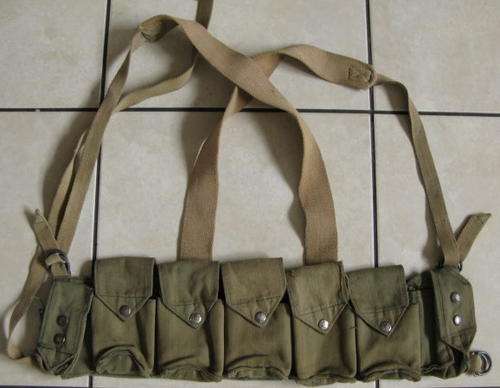 RHODESIAN CHEST AMMO WEBBING LABELLED FEREDAY & SONS.  5 MAG AMMO POUCHES + 2 SMALLER POUCHES ON EAC