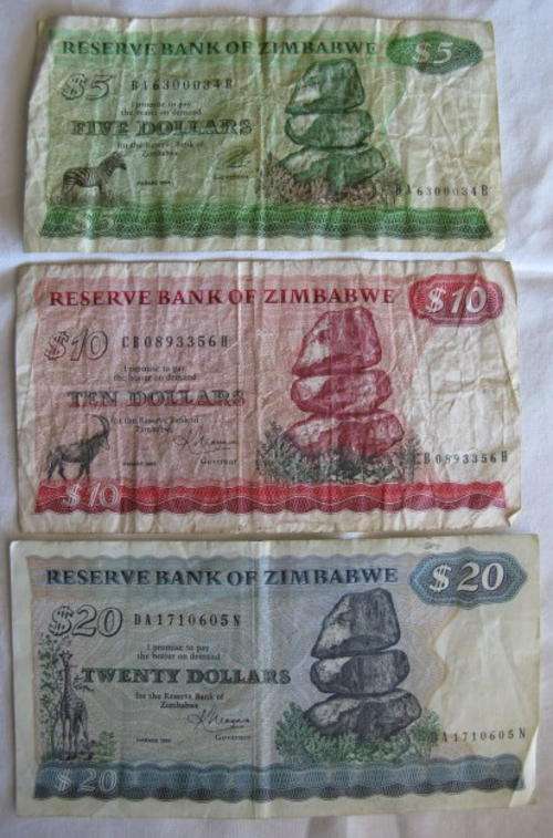 RESERVE BANK OF ZIMBABWE NOTES: 5DOLLAR 1994 PREFIX BA/ 10 DOLLAR 1983 PREFIX CB & 20DOLLAR 1983 PRE