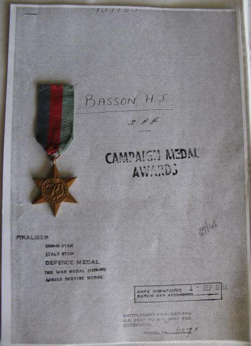 1939-45 STAR AWARDED TO 157783 H.J. BASSON WITH 5 PAGES OF RESEARCH.  UNIT 43 ANTI AIRCRAFT REGT.