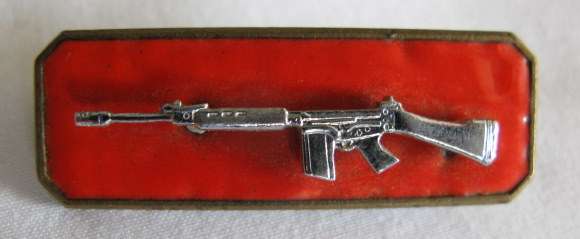 SADF ARMY SHARPSHOOTER QUALIFICATION BADGE - CHROME RIFLE ON ENAMEL BACKING.  2 PIECE