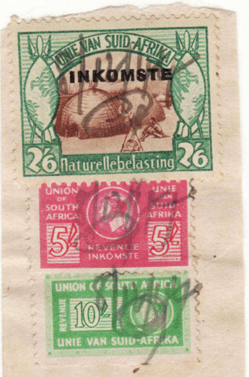 RARE INKOMSTE REVENUE STAMPS 2/6..5/-..10/- HAND CANCELLED 8/12/44
