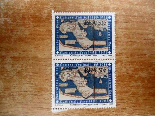 SOUTH AFRICA 50c VERTICLE PAIR BARTOLOMUE DIAS STAMP STAMPS USED AS PER THE PHOTOGRAPH.