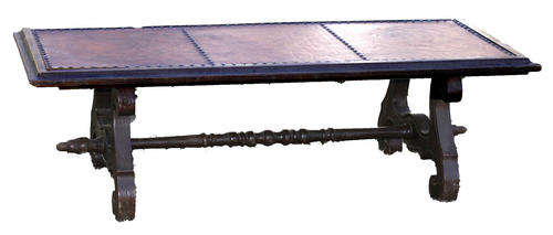 SOLID OAK COFFEE TABLE WITH LEATHER AND BUTTONS COVERING THE TOP