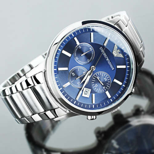 EMPORIO ARMANI**RETAIL R7419.00**BLUE SUNRAY DIAL CHRONOGRAPH WATCH ##BRAND NEW-NO BOX##