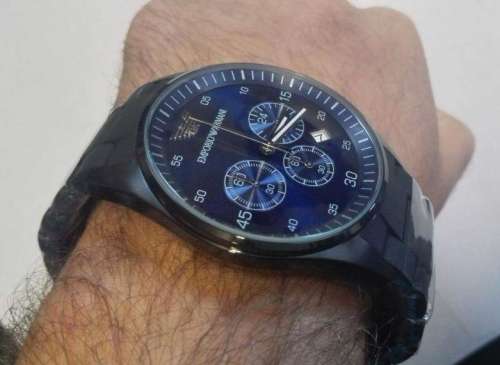 EMPORIO ARMANI BLUE SUNRAY DIAL**BLACK IP STAINLESS STEEL**GENTS CHRONOGRAPH WATCH ##EXQUISITE##