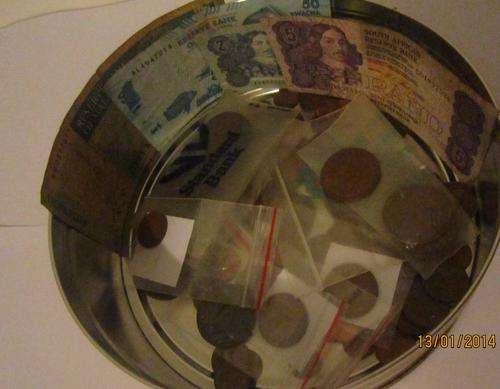 OLD SA COINS  AND NOTES IN A TIN