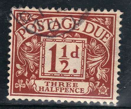GREAT BRITAIN 1914 POSTAGE DUE 1,5d V.F.U. SG D3. W/MARK SIMPLE CYPHER. CAT 20 POUNDS.