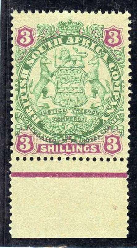 RHODESIA - BSA COMPANY1896-97 3/- ARMS ISSUE. SACC 36. CAT R1000.