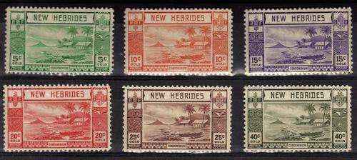 NEW HEBRIDES 1938 GOLD CURRENCY PART SET L.M.M. SG 52-56 + 58. CAT 15 POUNDS