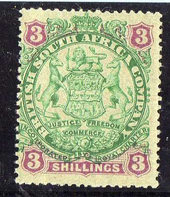 RHODESIA 1896-7 3/- ARMS ISSUE SACC 36 MINT NO GUM. CAT R1000.