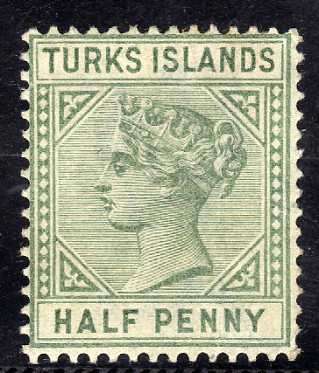 TURKS ISLANDS 1881 1/2d GREEN SG 70 MOUNTED MINT. CAT 5,50 POUNDS.