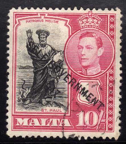 MALTA 1948 NEW CONSTITUTION 10/- VERY FINE USED. SG 248. CAT 22 POUNDS.