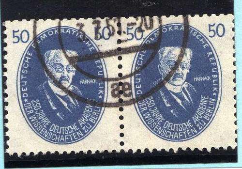 GERMANY D.D.R. 1950 250th ACADAMY OF SCIENCE ANNIV 50pf BLUE V.F.U. PAIR. SG E29. CAT 48 POUNDS.