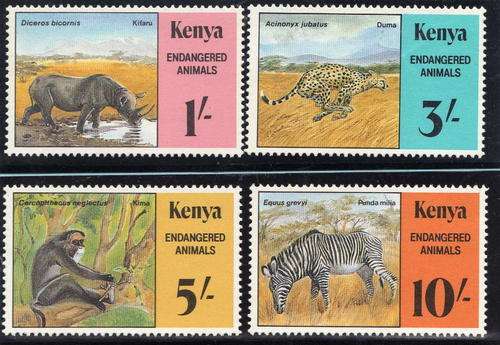 KENYA 1985 ENDANGERED ANIMALS SET OF 4 U.M.M. SG 365-68. CAT 17,50 POUNDS.