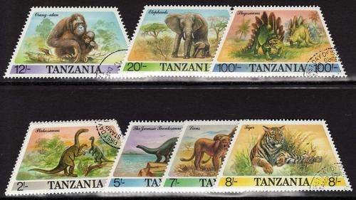 TANZANIA 1988 PREHISTORIC AND MODERN ANIMALS SET OF 7 VFU (CTO) SG 550-7. CAT 9,50 POUNDS.