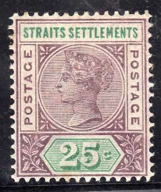 MALAYSIA STRAITS SETTLEMENTS 1892-99 25c DULL PURPLE AND GREEN FINE L.M.M. SG 103c. CAT 30 POUNDS.