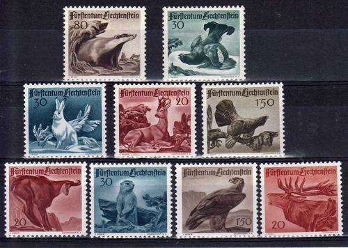 LIECHTENSTEIN 1946 WILD LIFE SET OF 9 L.M.M. SG 252-57 + 283-85. CAT 136 POUNDS.