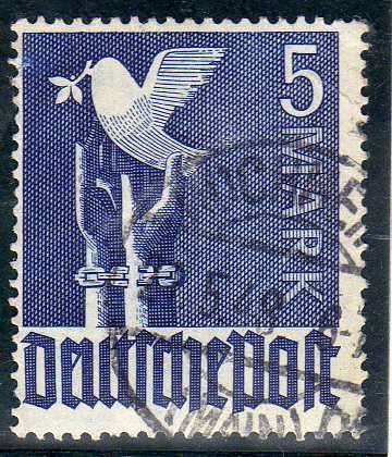 GERMANY (ALLIED OCCUPATION) 1947 5 MARK BLUE V.F.U. SG 948. CAT 110 POUNDS.
