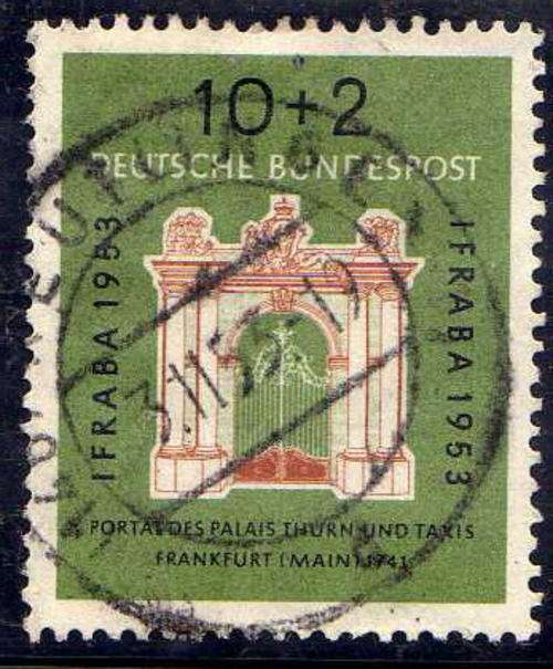 GERMANY WEST 1953 PHILATELIC EXHIBITION 10 + 2 PF VERY FINE USED. SG 1097. CAT 33 POUNDS.