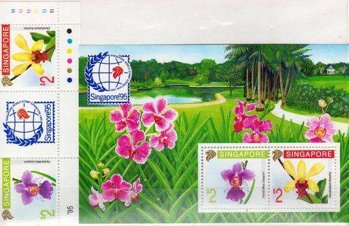 SINGAPORE 95 INT STAMP EXH ORCHIDS SET OF 2 AND MINI SHEET U.M.M. SG 653-4 + M/S 655. CAT 17,50.