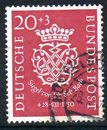 GERMANY WEST 1950 DEATH BICENT OF BACH 20 + 3 PF VFU. SG 1044. CAT 60 POUNDS.