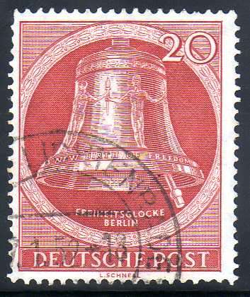 GERMANY BERLIN 1951 "FREEDOM BELL" 20 PF RED "CLAPPER AT RIGHT" V.F.U. SG B84. CAT 22 POUNDS.