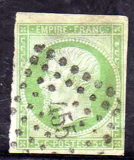 FRANCE 1853-61 "EMPIRE" DEFIN 5c GREEN FINE USED. 4 MARGINS BUT SMALL TEAR. SG 45. CAT 100 POUNDS.