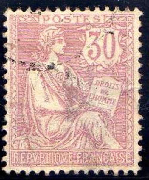 FRANCE 1902 "MOUCHON" REDRAWN 30c MAUVE. USED - SPACE FILLER - THINS. SG 313. CAT 19 POUNDS.