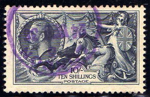 GREAT BRITAIN 1934 RE-ENGRAVED SEAHORSE 10/- VERY FINE USED. SG 452. CAT 80 POUNDS.