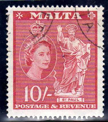 MALTA 1956 DEFIN 10/- VERY FINE USED. SG 281. CAT 14 POUNDS.