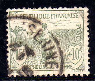 FRANCE 1917 "WAR ORPHANS FUND" 15c + 10c GREEN. GOOD USED. SG 372. CAT 31 POUNDS.