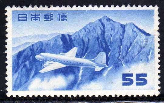 JAPAN 1952 AIR. 55 Y BLUE (WITHOUT NOUGHTS) MINT BUT PARTIAL GUM. SG 676. CAT 90 POUNDS.