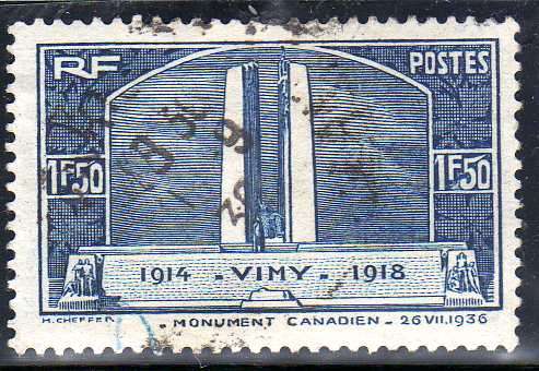 FRANCE 1936 CANADIAN WAR MEMORIAL 1F50 BLUE FINE USED. SG 550. CAT 11 POUNDS.