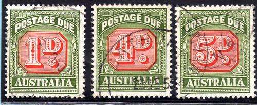 AUSTRALIA 1958-60 POSTAGE DUE STAMPS V.F.U. DIE 1. NO W/MARK. SG D133, D135 + D136. CAT 27,50 POUNDS