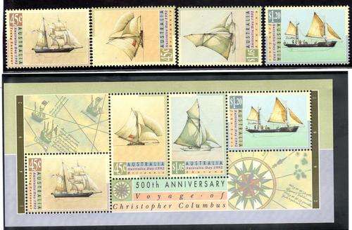 AUSTRALIA 1992 "AUSTRALIA DAY" SHIPS SET OF 4 + M/S U.M.M. SG 1333-36 & M/S 1337. CAT 10 POUNDS.