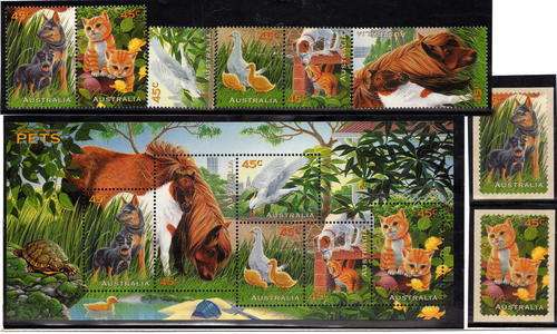 AUSTRALIA 1996 "PETS" SET OF 6 + MINI SHEET + ADHESIVE BOOKLET STAMPS, ALL U.M.M. CAT 10 POUNDS.