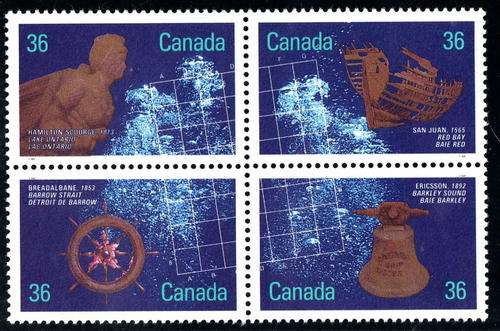 CANADA 1987 "SHIPWRECKS" BLOCK OF 4 U.M.M. SG 1247-50. CAT 6 POUNDS.