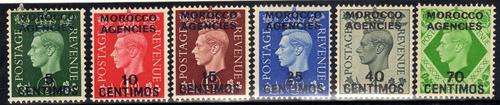 MOROCCO AGENCIES 1937 KGVI DEFIN SURCHARGED "CENTIMOS" PART SET OF 6, NO 1p, HINGED MINT. SG 165-170