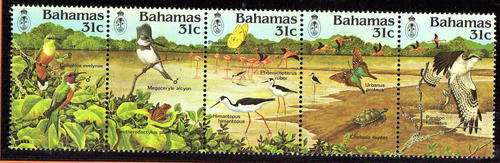 BAHAMAS 1984 - BIRDS - "NATIONAL TRUST" STRIP OF 5 U.M.M. SG 685-9. CAT 18,75 POUNDS.