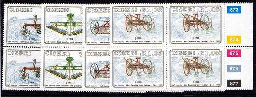 CISKEI 1992 FARM INSTRUMENTS BLOCKS OF 4 UMM. SACC 220-223. CAT R100. (SACC 2013)