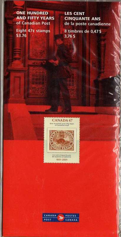 CANADA 2001 "150th ANNIV OF POSTAL SERV" PRES FOLDER WITH SHEET OF 8 STAMPS UMM. SG 2072. CAT 8 GBP.