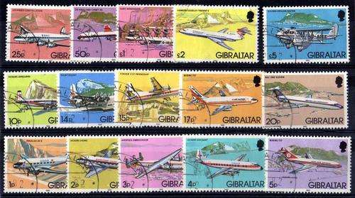 GIBRALTAR 1982 AIRCRAFT SET OF 15 VERY FINE USED. SG 460-74. CAT 44 POUNDS.
