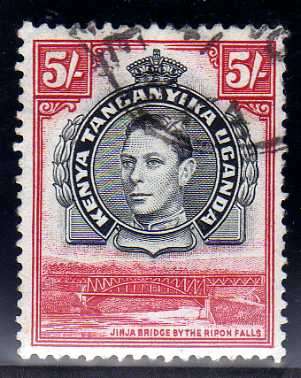 KENYA UGANDA TANGANYIKA 1938 5/- DEFIN PERF13.25 FINE USED. SG 148. CAT 17 POUNDS.