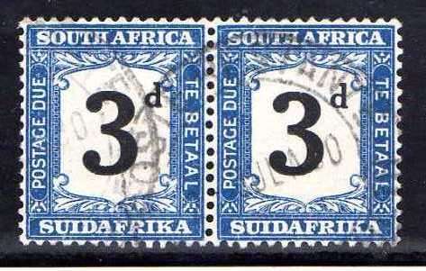 SOUTH AFRICA 1927-8 POSTAGE DUE 3d PAIR V.F.U. SACC 20. CAT R900. (2017/18)