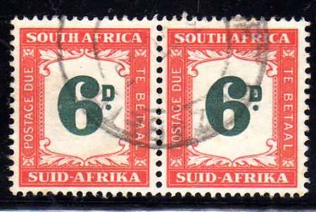 SOUTH AFRICA 1950-8 POSTAGE DUE 6d PAIR V.F.U. SACC 42. CAT R280. (SACC 2015)